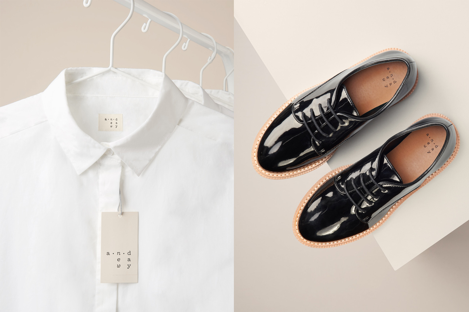 Split view of a white collared shirt hanging on a rack and a pair of black patent leather shoes on a neutral surface.