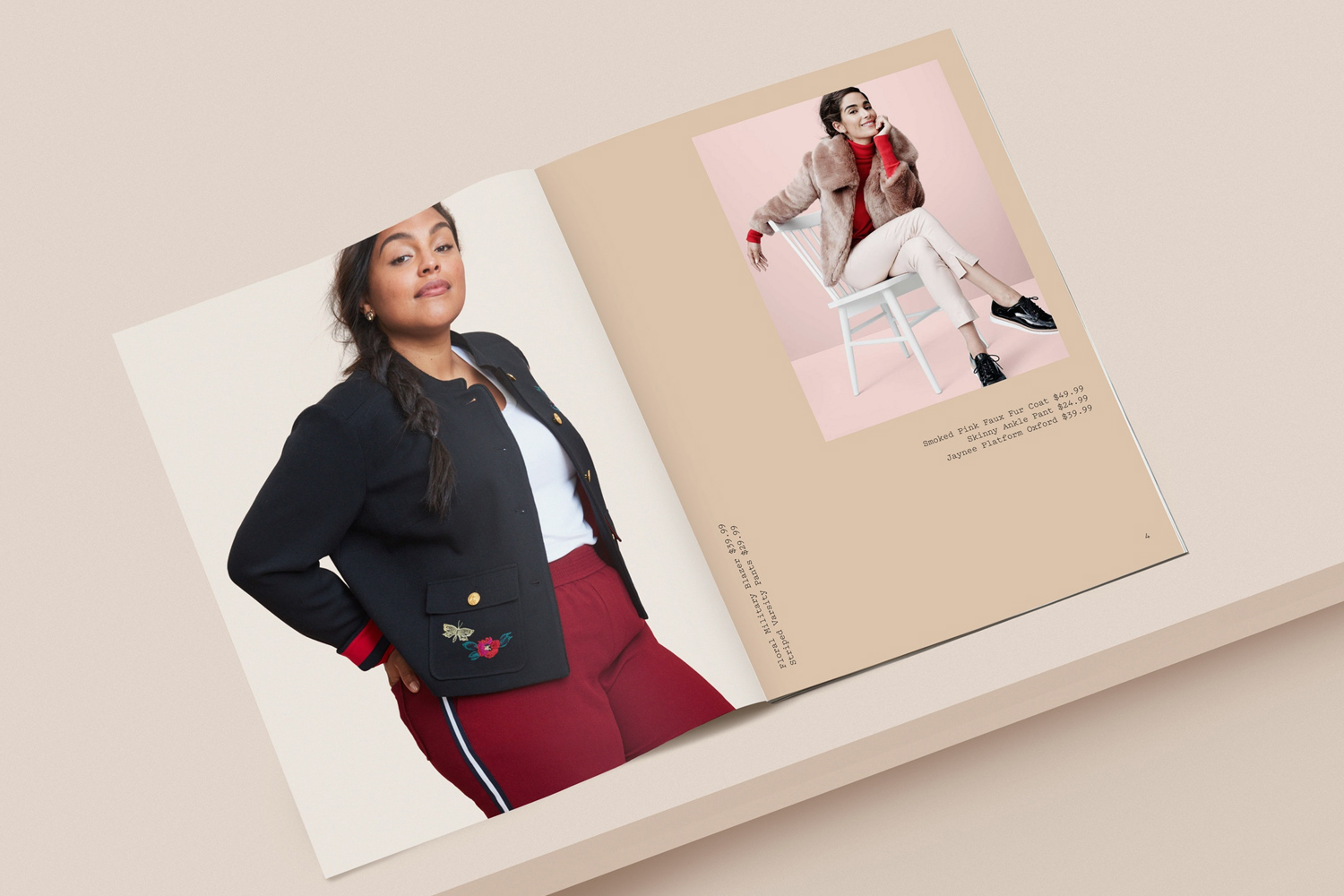 Open catalogue spread showing two fashion models in casual outfits against neutral backgrounds with adjacent product text.