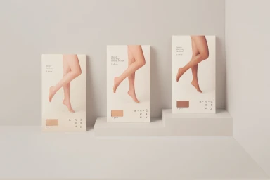 Three minimalist product packaging boxes for hosiery displayed on tiered light grey studio platforms