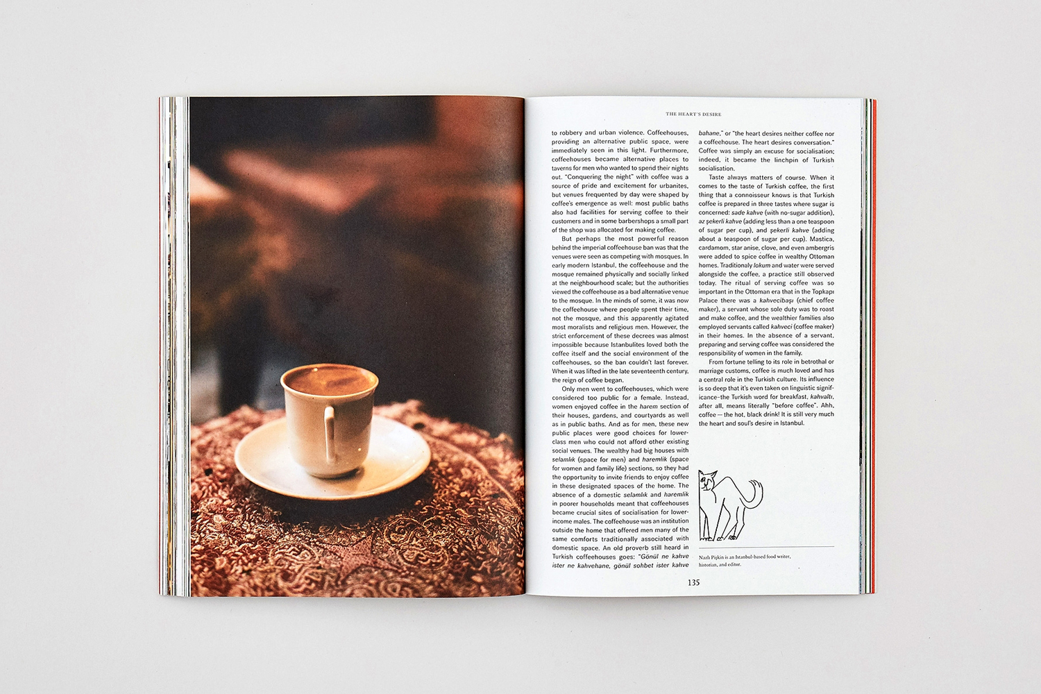 Open magazine spread on white background showing a coffee cup on the left page and columns of text with an illustration on the right.