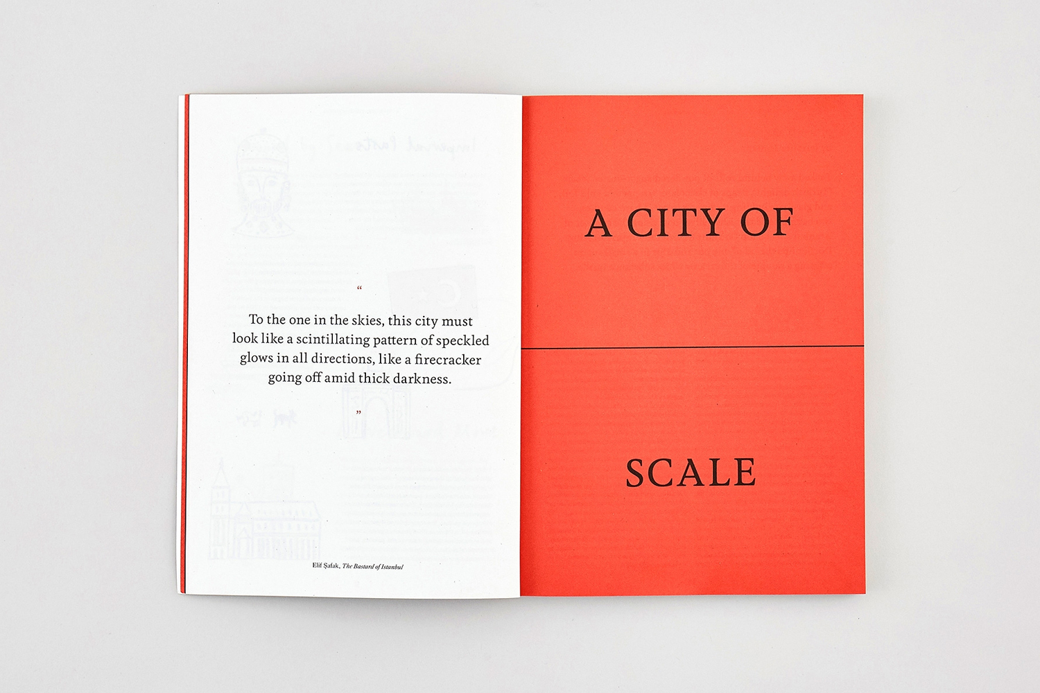 Open book layout featuring typography on a white page and a solid red page for FARE brand identity design.