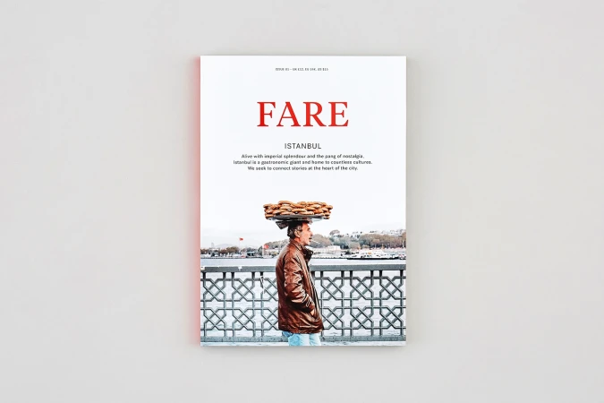 FARE magazine issue cover featuring a man in a brown leather jacket carrying a tray of bread on his head against an Istanbul backdrop.
