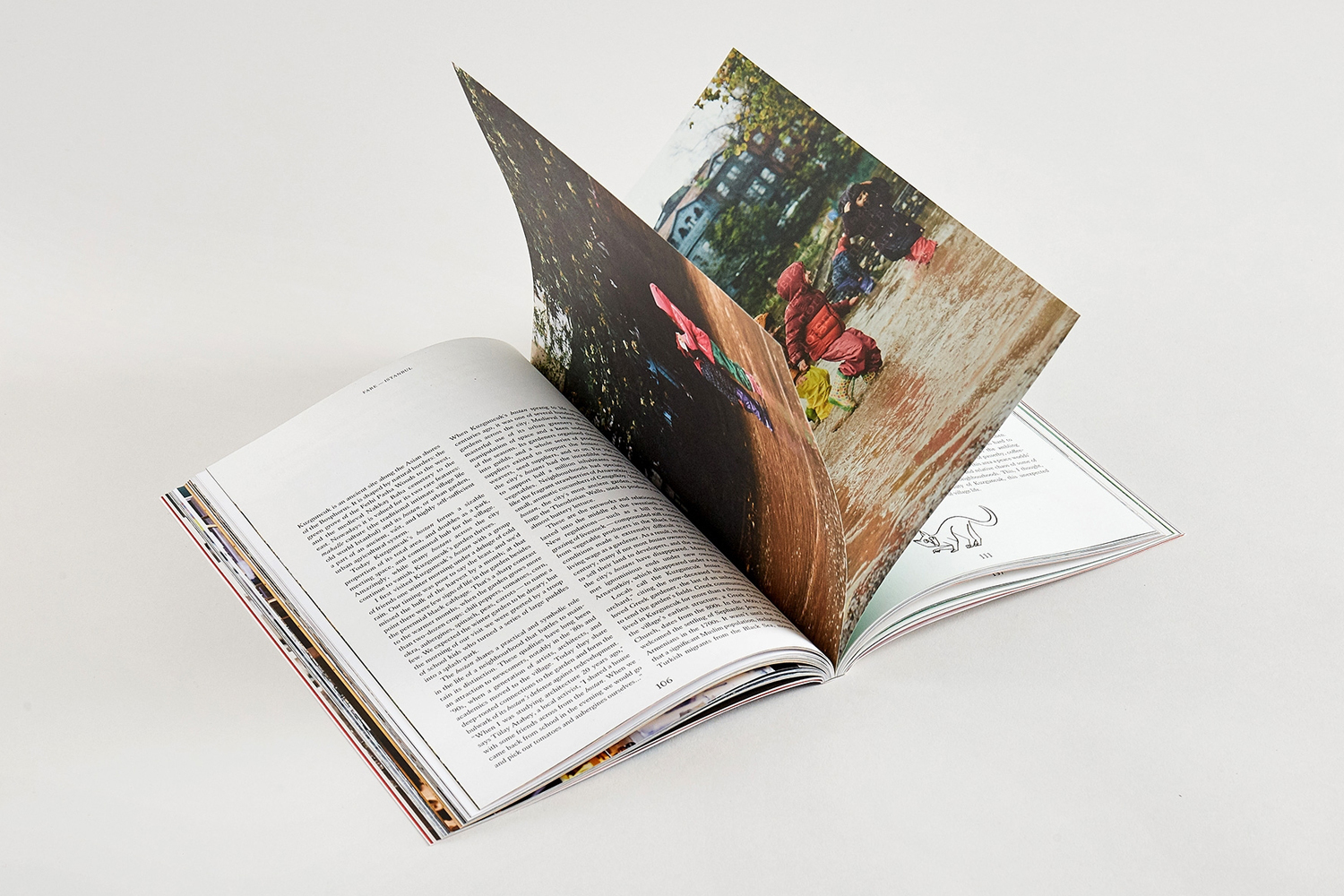 An open book with white pages and vibrant photographs is displayed on a clean white surface.