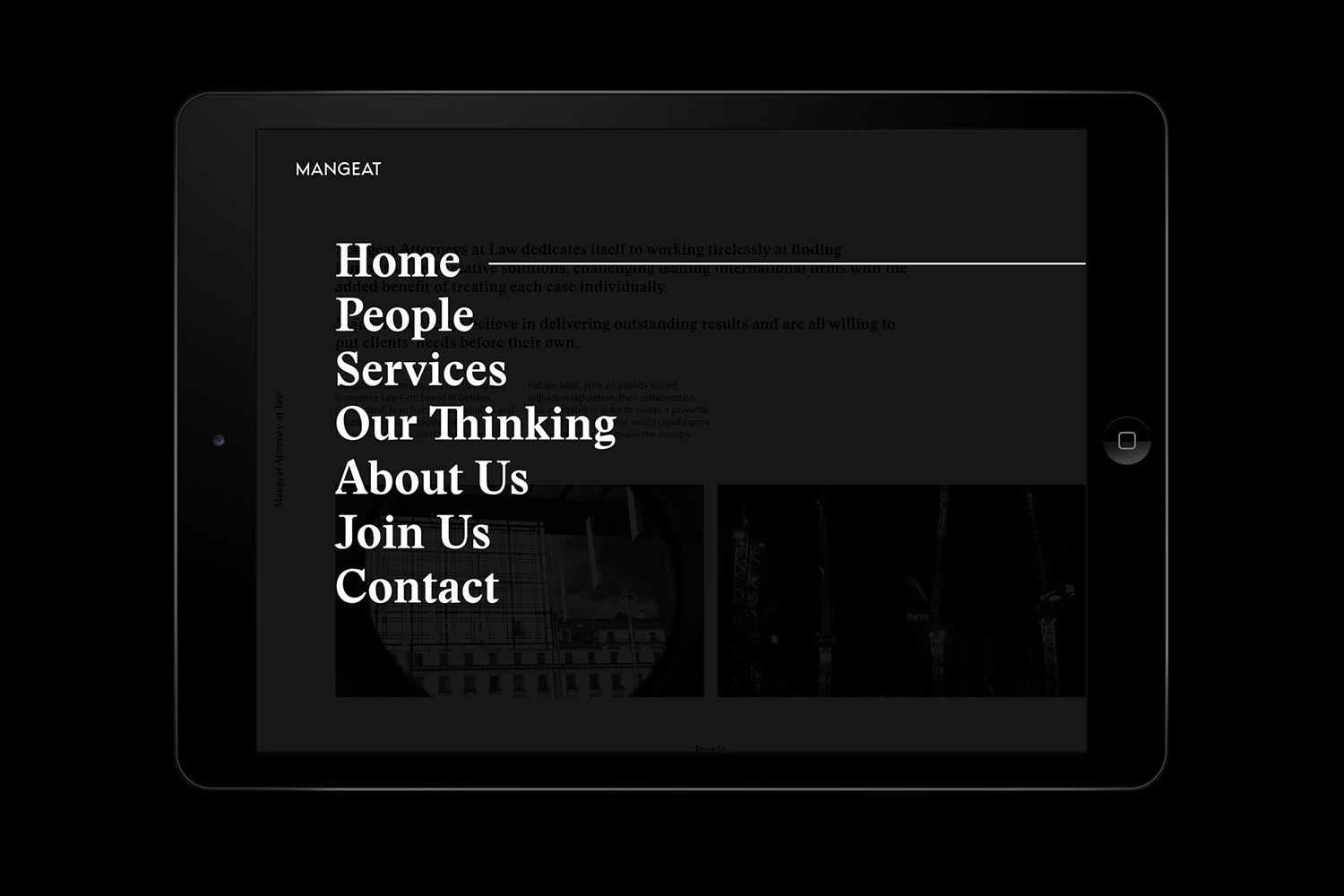 Digital tablet displaying brand identity website design with navigation menu and dark aesthetic layout for Mangeat