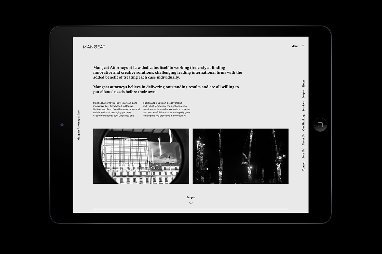 A tablet device displaying the minimalist web design and typography of the Mangeat brand identity project against a black background.