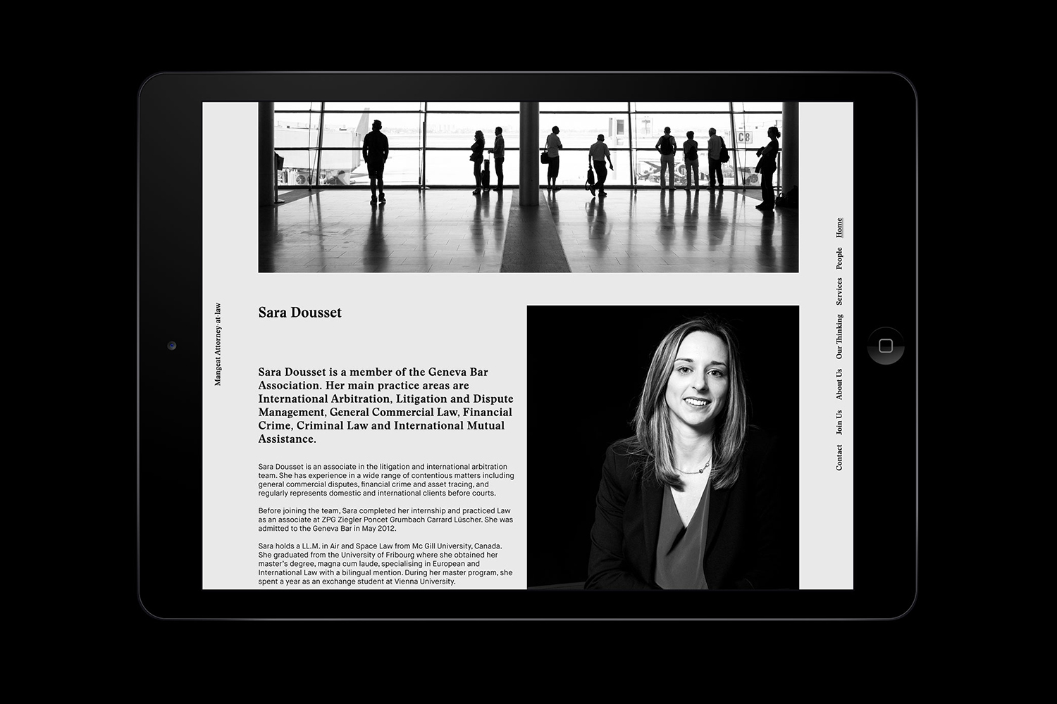 Tablet displaying brand identity design for Mangeat featuring a monochrome website layout with a lawyer profile and airport header photo.