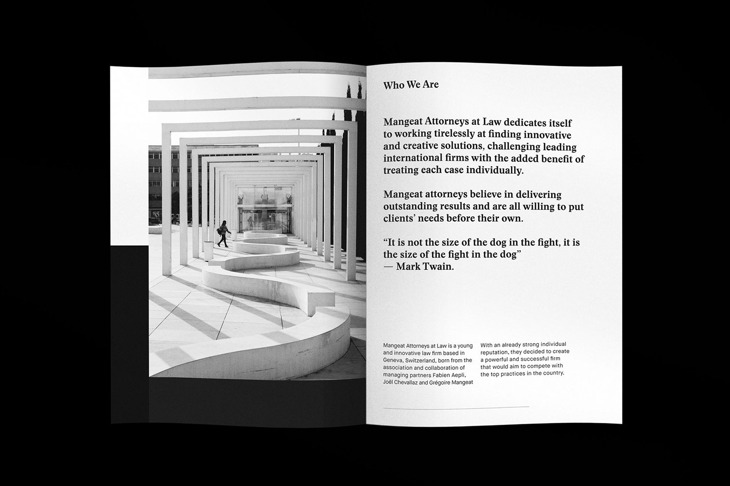 Monochrome brand identity spread featuring architectural photography on the left and company profile text on the right.