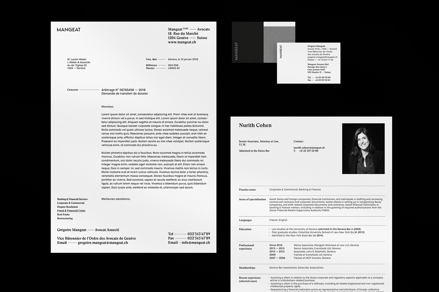 Mangeat law firm corporate stationery collection including letterhead, business cards, and profile documents