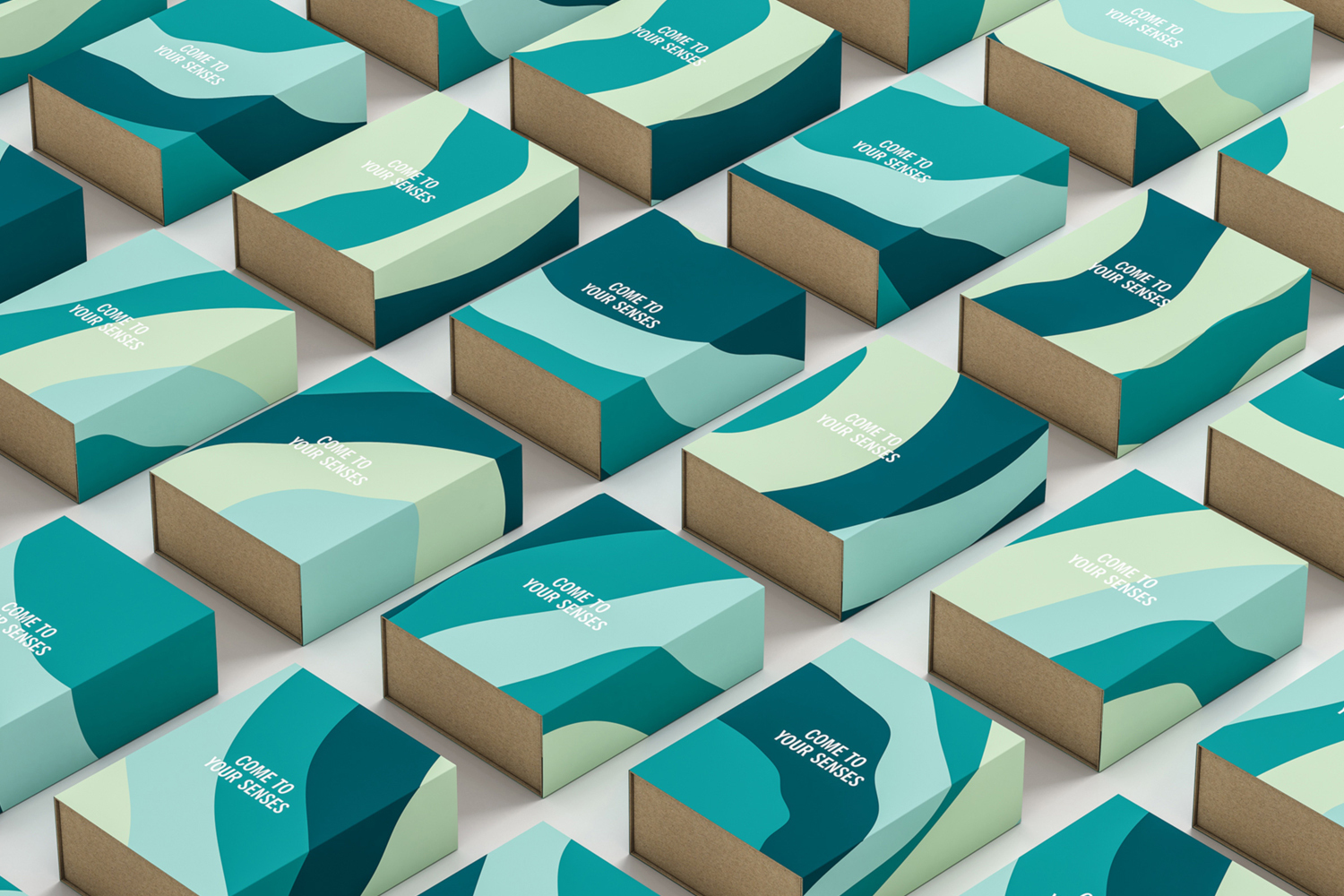 An array of patterned cardboard boxes featuring abstract teal and light green wave designs arranged in a grid.