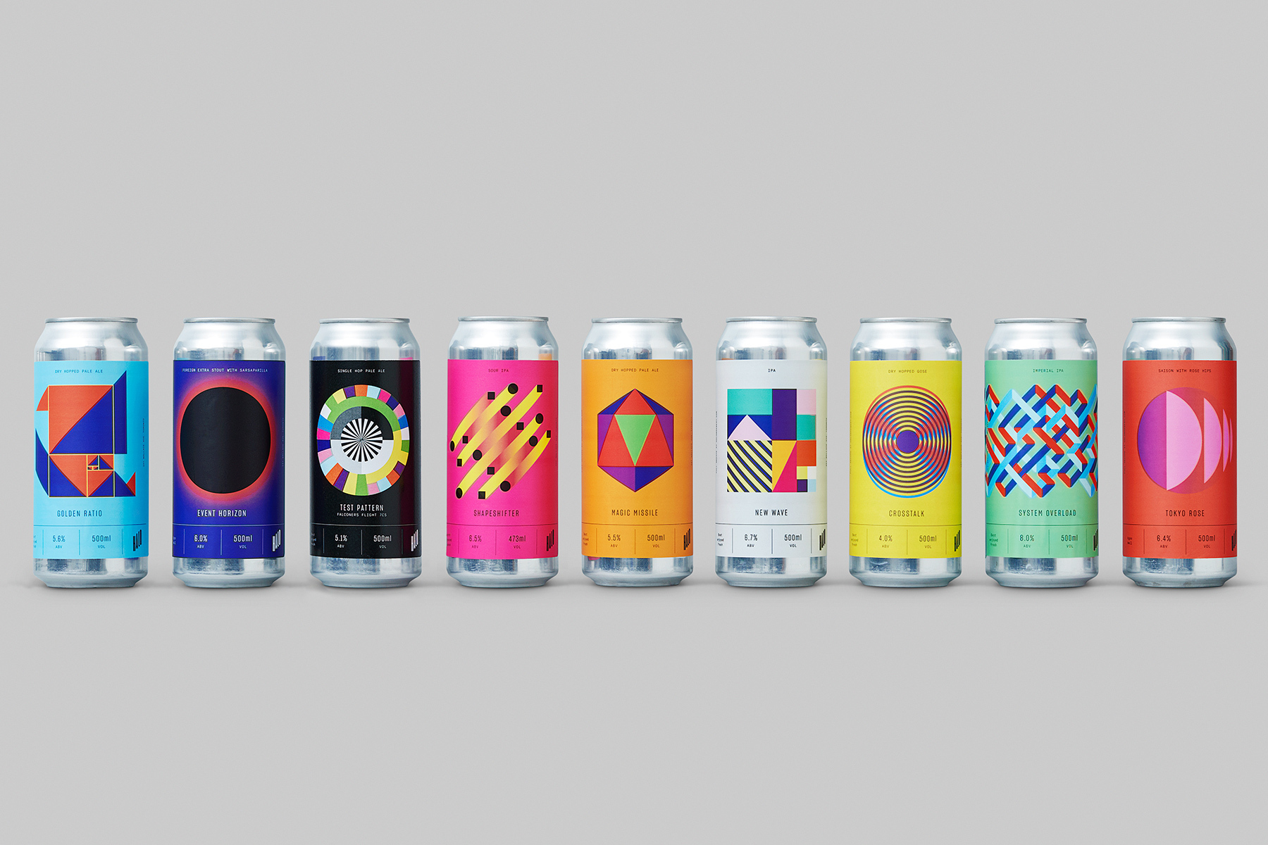 Line-up of nine silver beverage cans featuring colourful geometric label designs against a neutral grey background