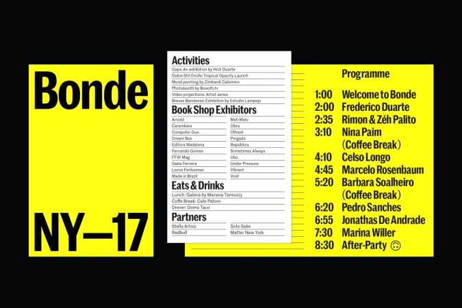 Graphic design layout featuring bold black text on yellow and white panels with event schedules and lists of participants.