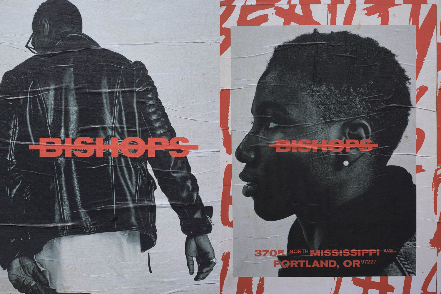 Two wheatpaste posters featuring black and white portraits overlaid with bold red Bishops typography