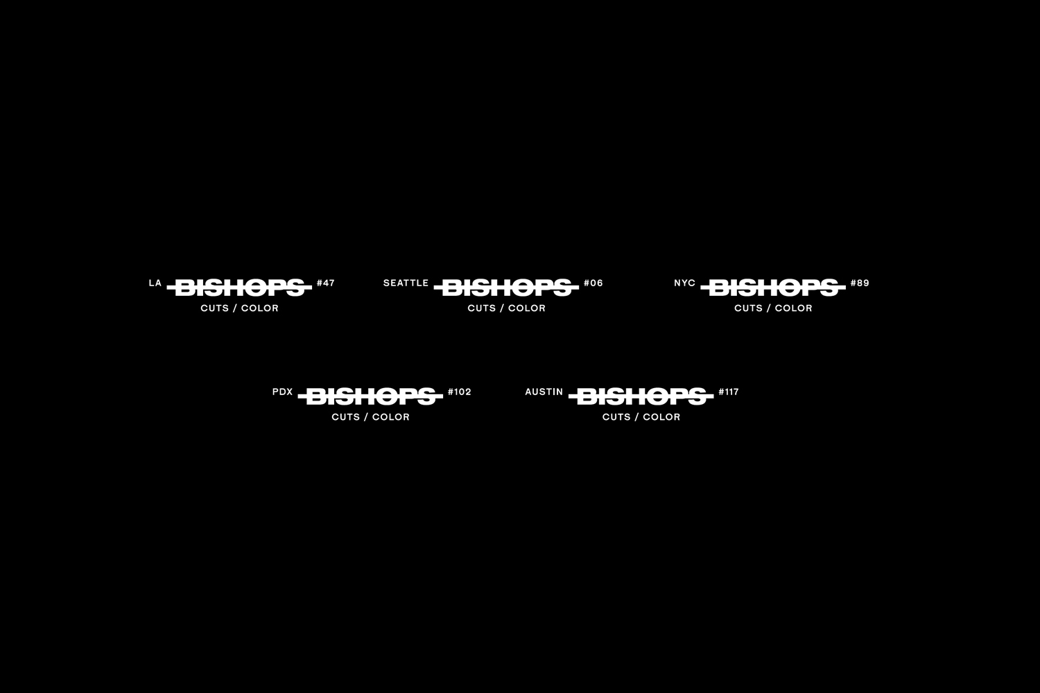 White graphic identity wordmarks for Bishops Cuts Color featuring location tags against a black background