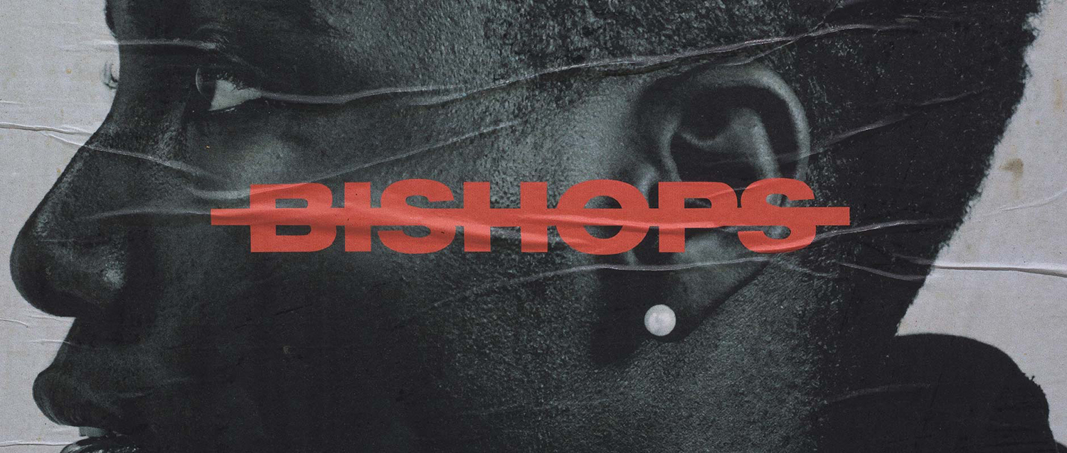 Close-up black and white portrait of a person with prominent red BISHOPS typography layered across the center on a textured poster.