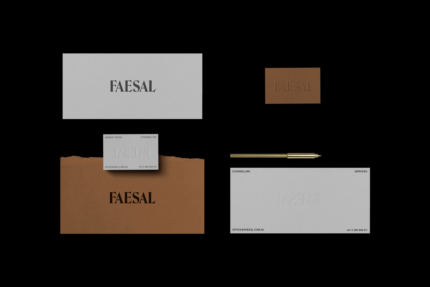 Faesal brand identity mockup featuring embossed stationery, business cards, textured brown paper, and a gold pen against a black background.