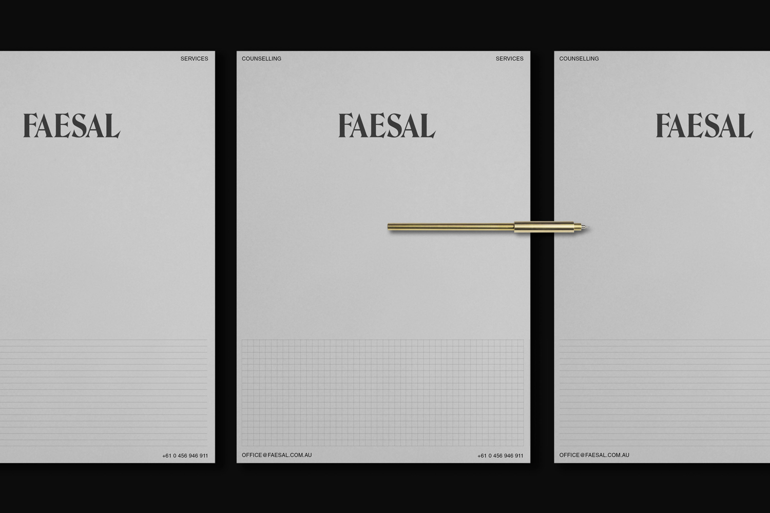 Three vertical stationery sheets featuring the Faesal brand name and a gold pen resting horizontally across the middle sheet