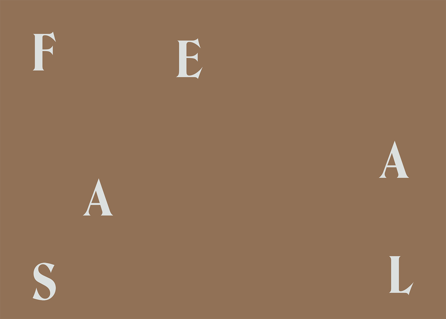 Brown graphic design layout with scattered white serif typography spelling Faesal across the frame.