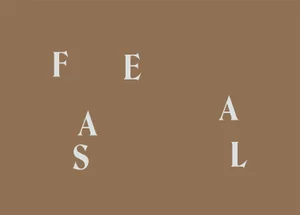 Brown graphic design layout with scattered white serif typography spelling Faesal across the frame.