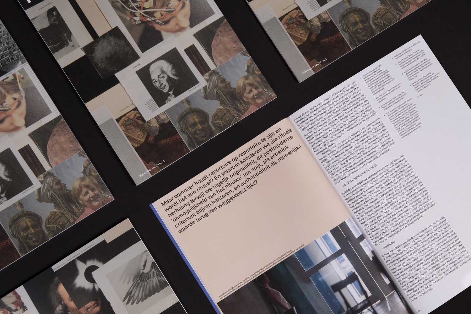 Printed publications and collage layouts spread out on a dark background showcasing editorial design and typography