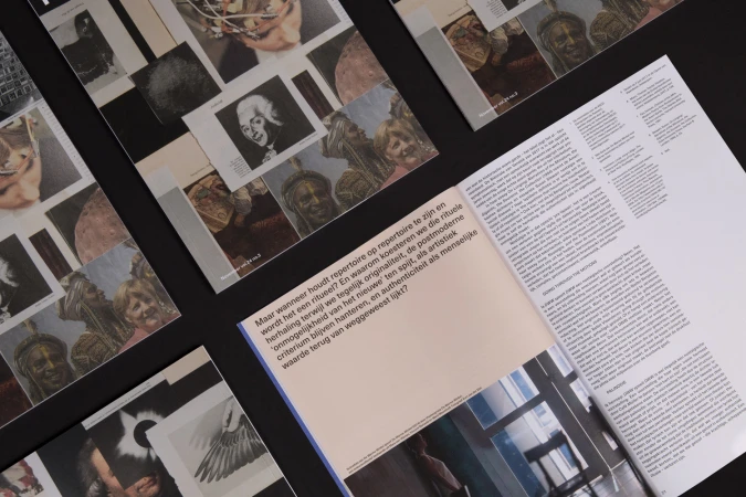 Printed publications and collage layouts spread out on a dark background showcasing editorial design and typography