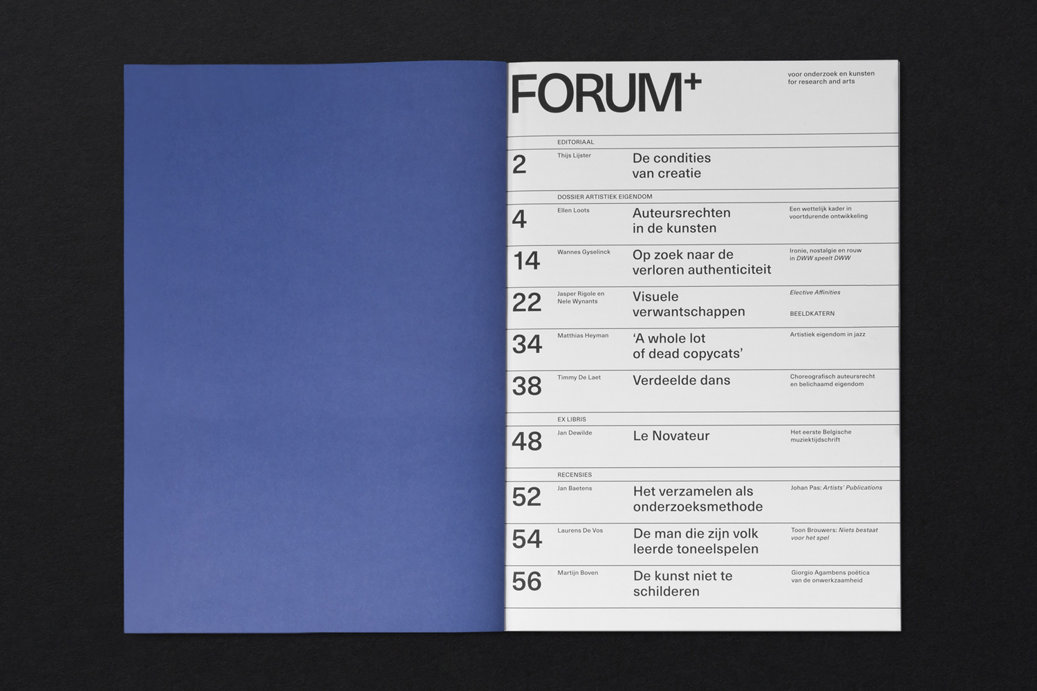 Open magazine spread for FORUM+ showing a blue inside cover on the left and a structured typographic table of contents on the right.