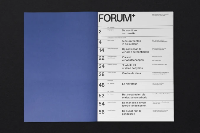 Open magazine spread for FORUM+ showing a blue inside cover on the left and a structured typographic table of contents on the right.