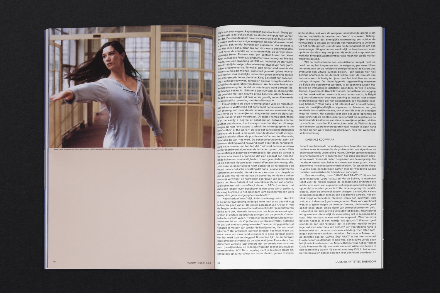Open magazine spread by Vrints-Kolsteren for FORUM+ showing a woman dancing on the left page and text on the right