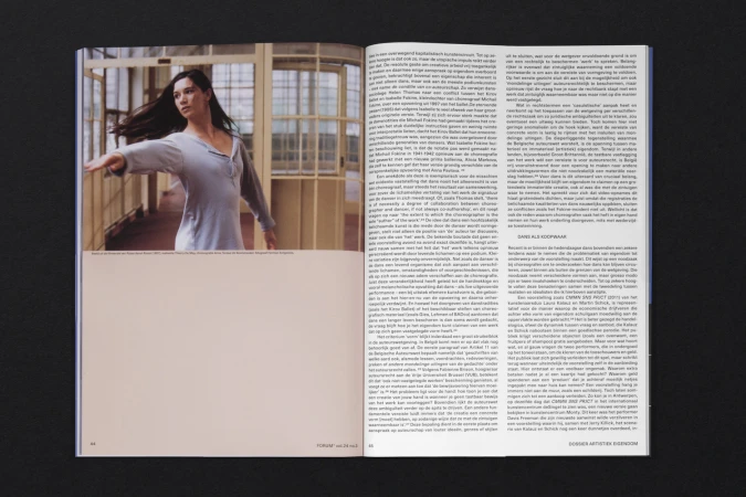 Open magazine spread by Vrints-Kolsteren for FORUM+ showing a woman dancing on the left page and text on the right