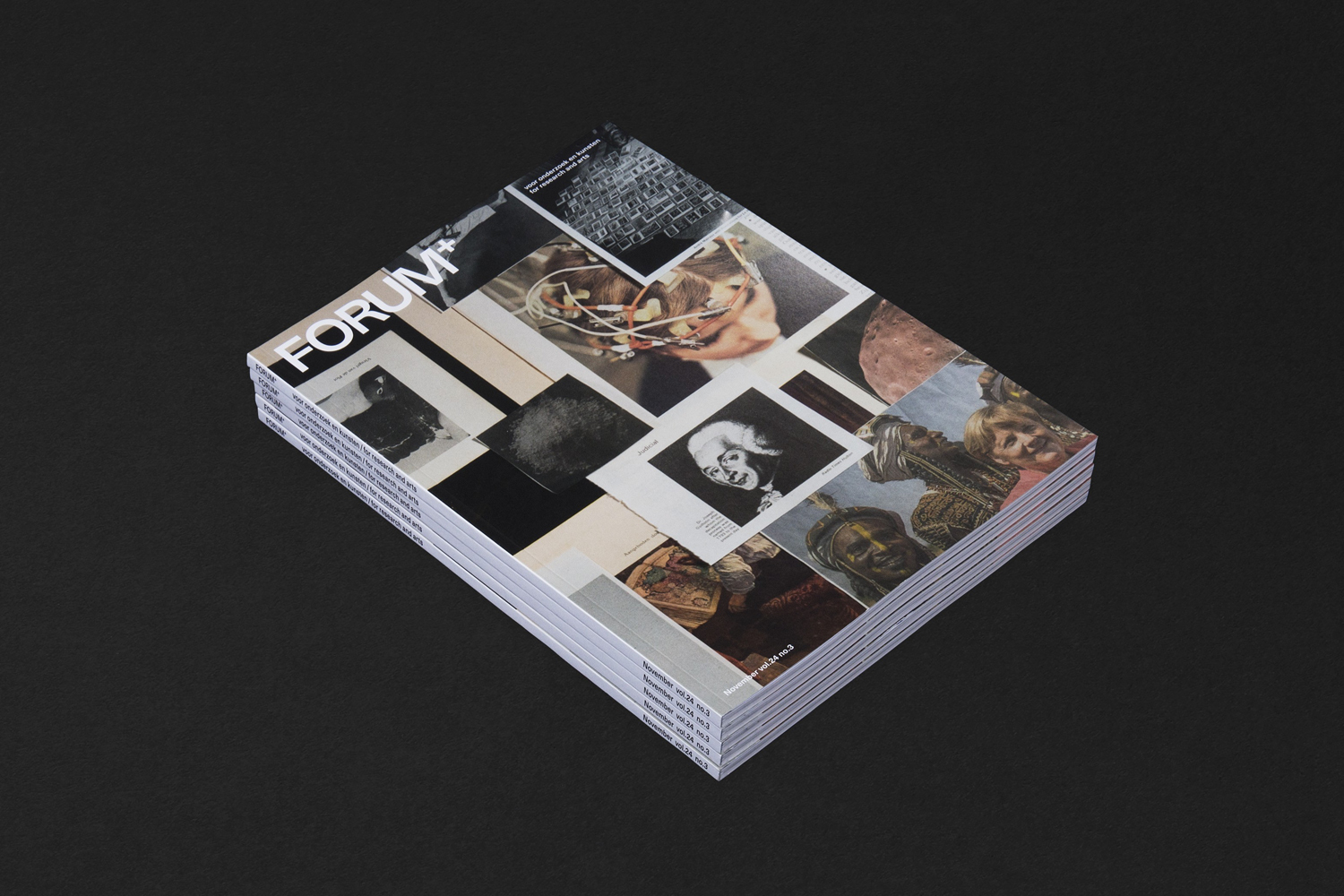 A stack of FORUM+ magazines featuring collage covers rests on a dark surface, designed by Vrints-Kolsteren for Brand Identity.