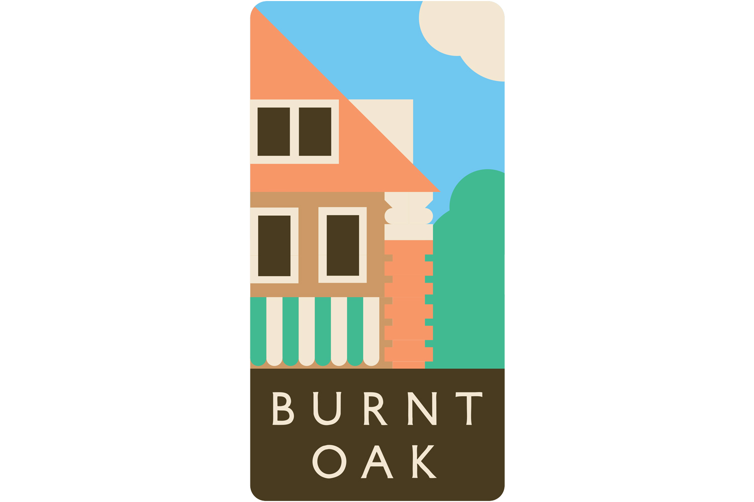 Vector illustration of a stylized house with a peach roof, blue sky, green foliage, and the text Burnt Oak below.