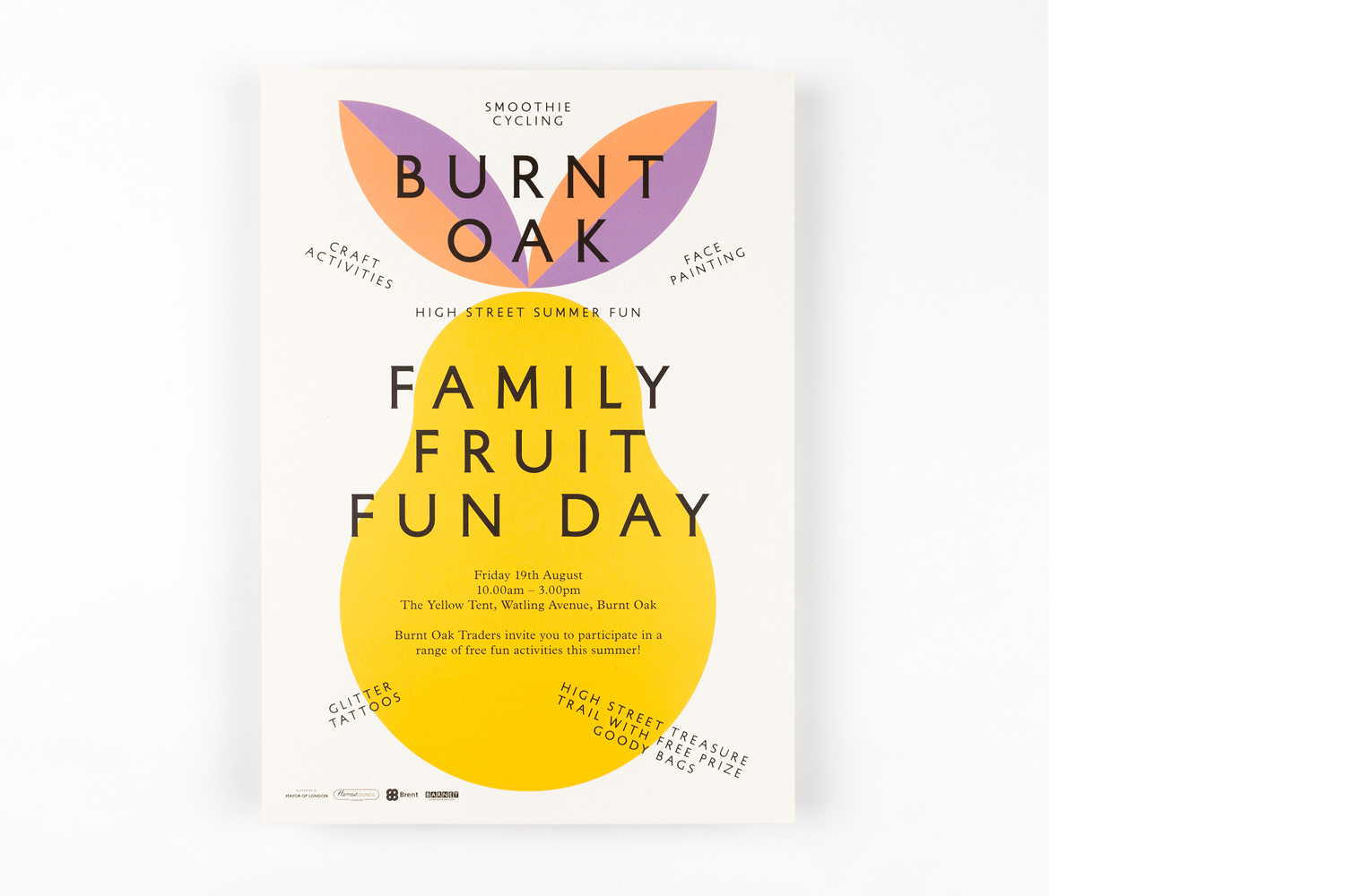 Burnt Oak Family Fruit Fun Day poster with yellow fruit shape and typography by Maddison Graphic