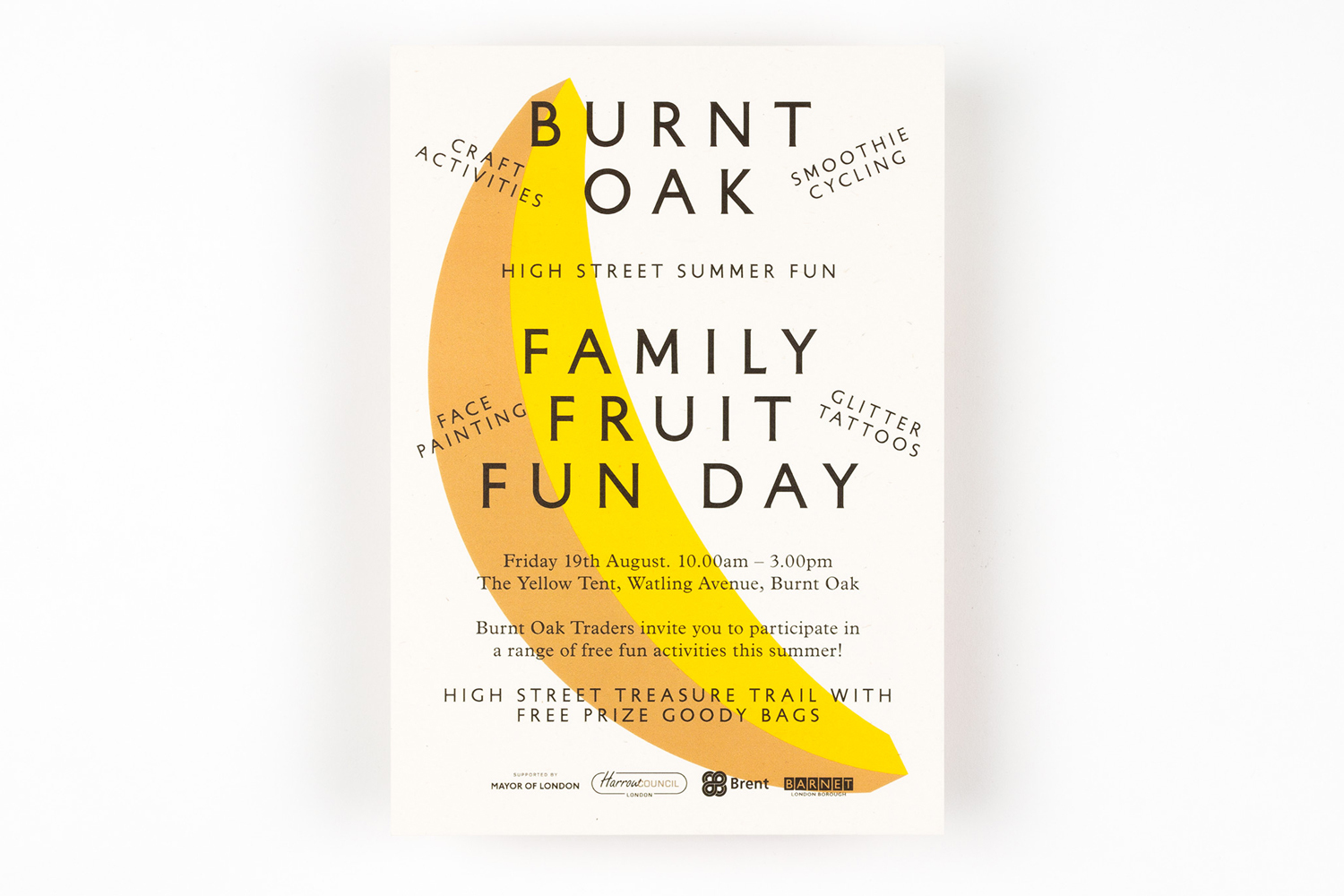 A poster for Burnt Oak Family Fruit Fun Day featuring yellow and orange banana illustrations and event details.