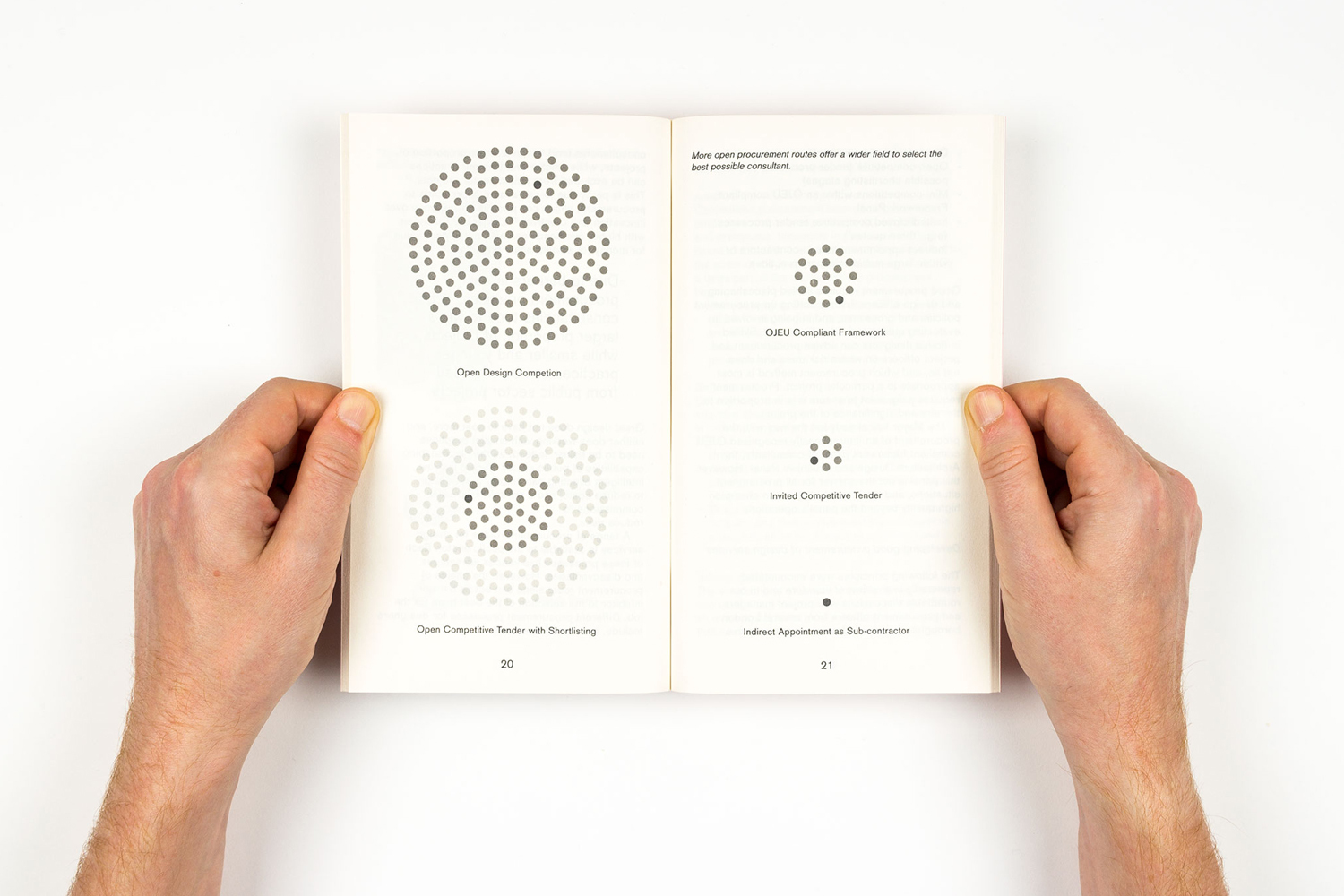Two hands holding an open book displaying typographic layout and circular graphic diagrams on white background.