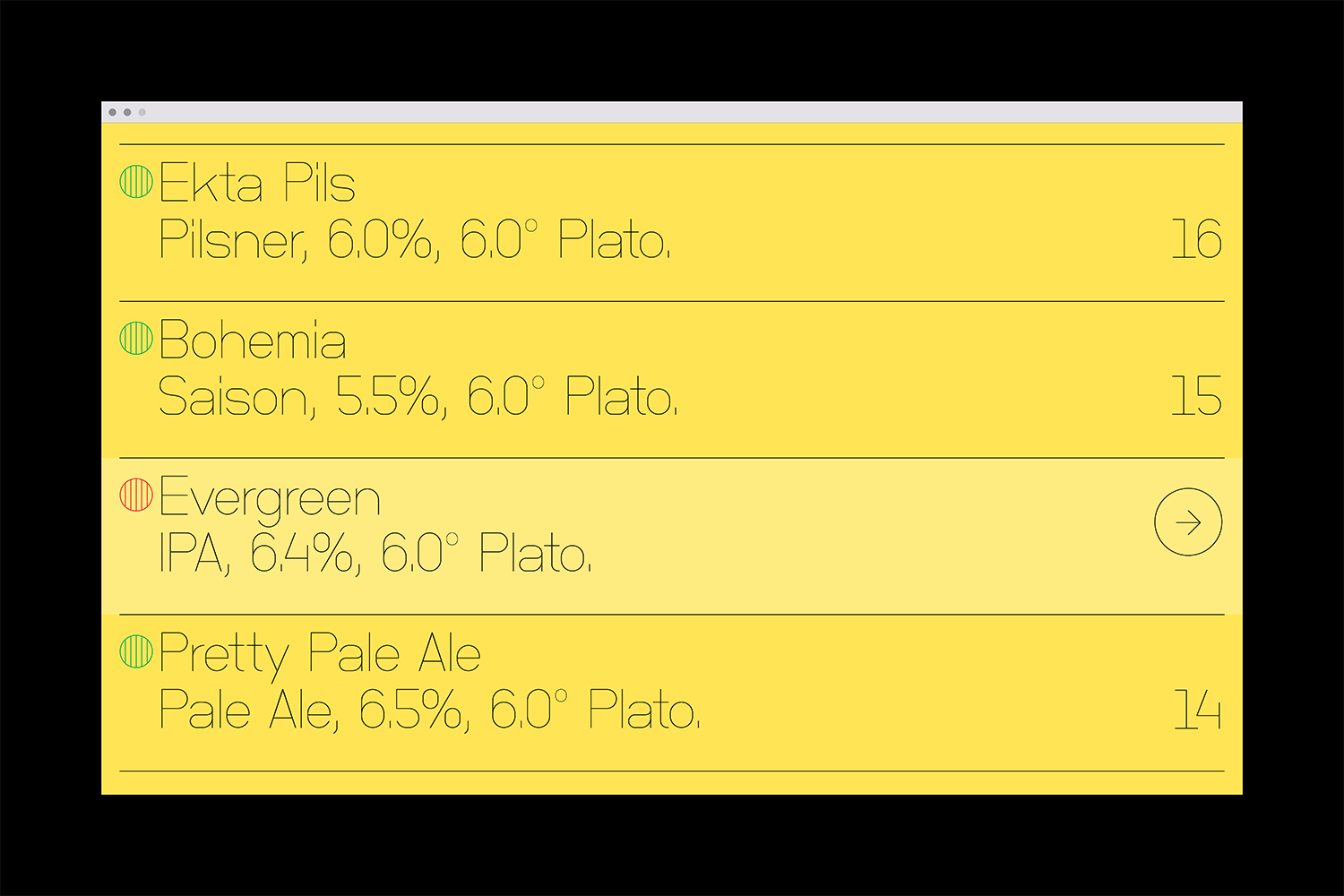 Digital menu interface with yellow background displaying beer listings by O/O Brewing, designed by Lundgren+Lindqvist.