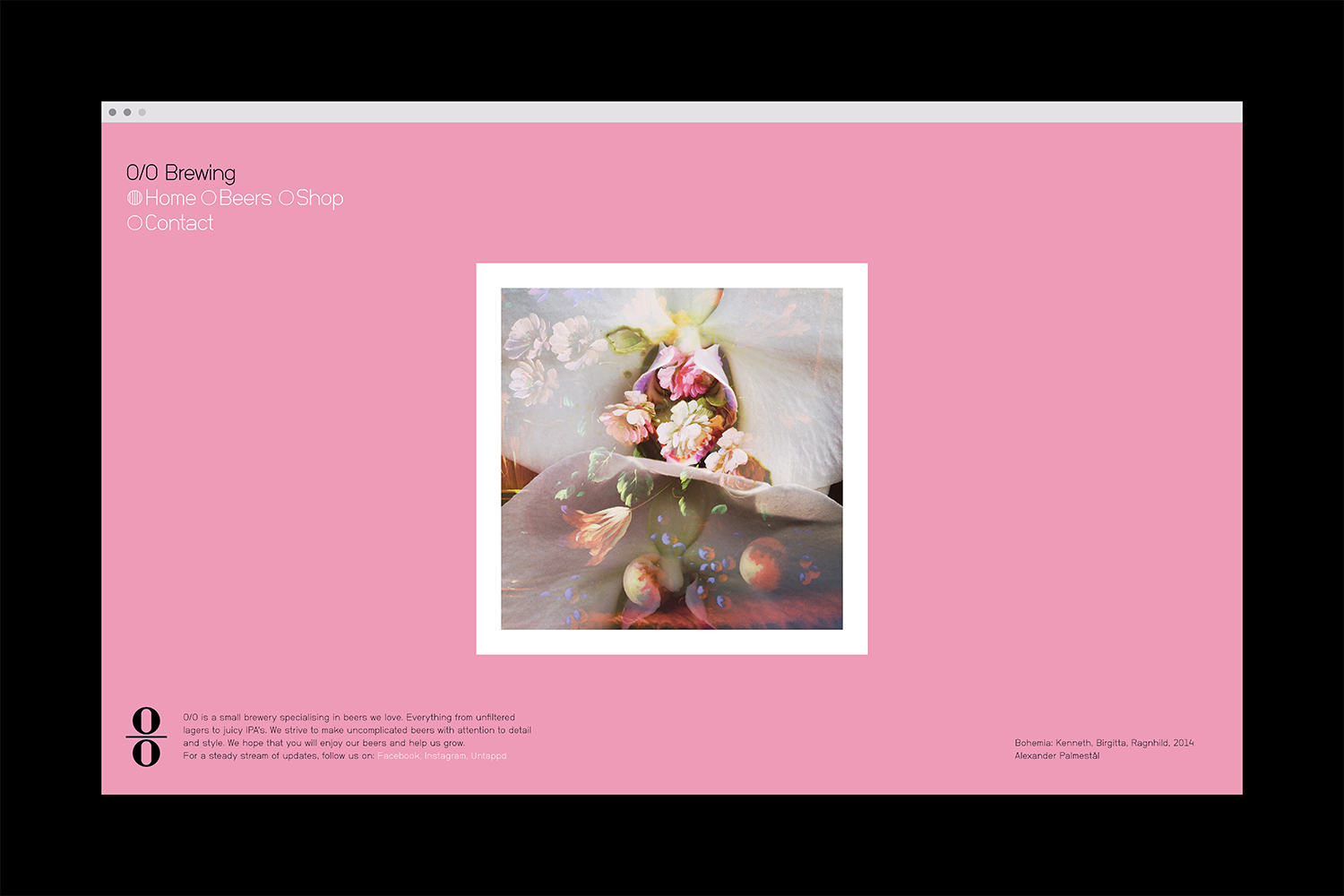 Browser window showing a pink webpage layout with a central framed floral art image for O/O Brewing brand identity
