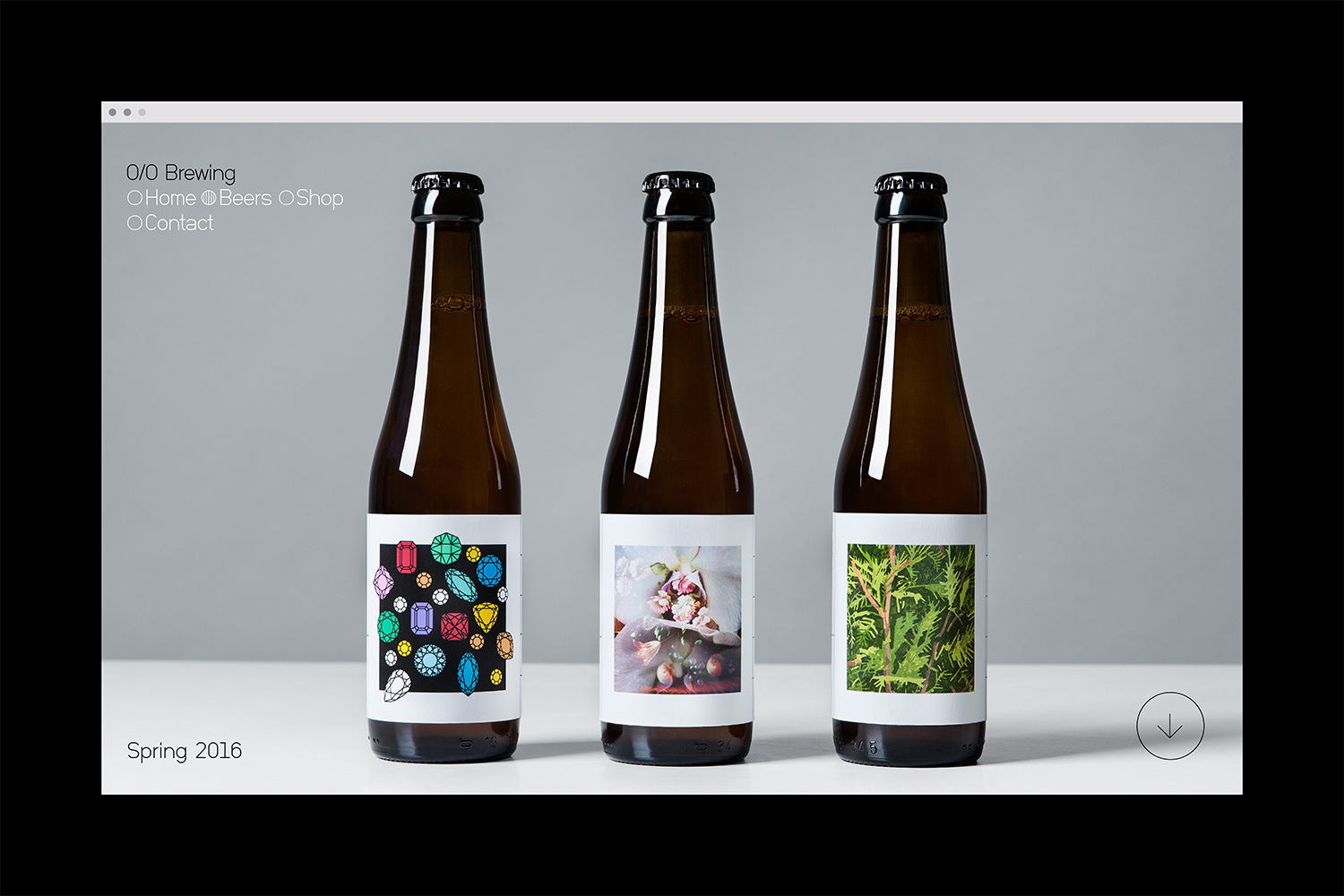 Three dark glass beer bottles with white labels featuring distinct artwork aligned on a white surface against a grey wall.