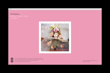 Browser window showing a pink webpage layout with a central framed floral art image for O/O Brewing brand identity
