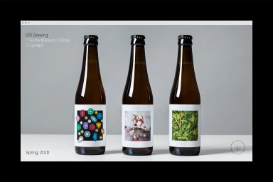 Three dark glass beer bottles with white labels featuring distinct artwork aligned on a white surface against a grey wall.