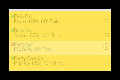 Digital menu interface with yellow background displaying beer listings by O/O Brewing, designed by Lundgren+Lindqvist.