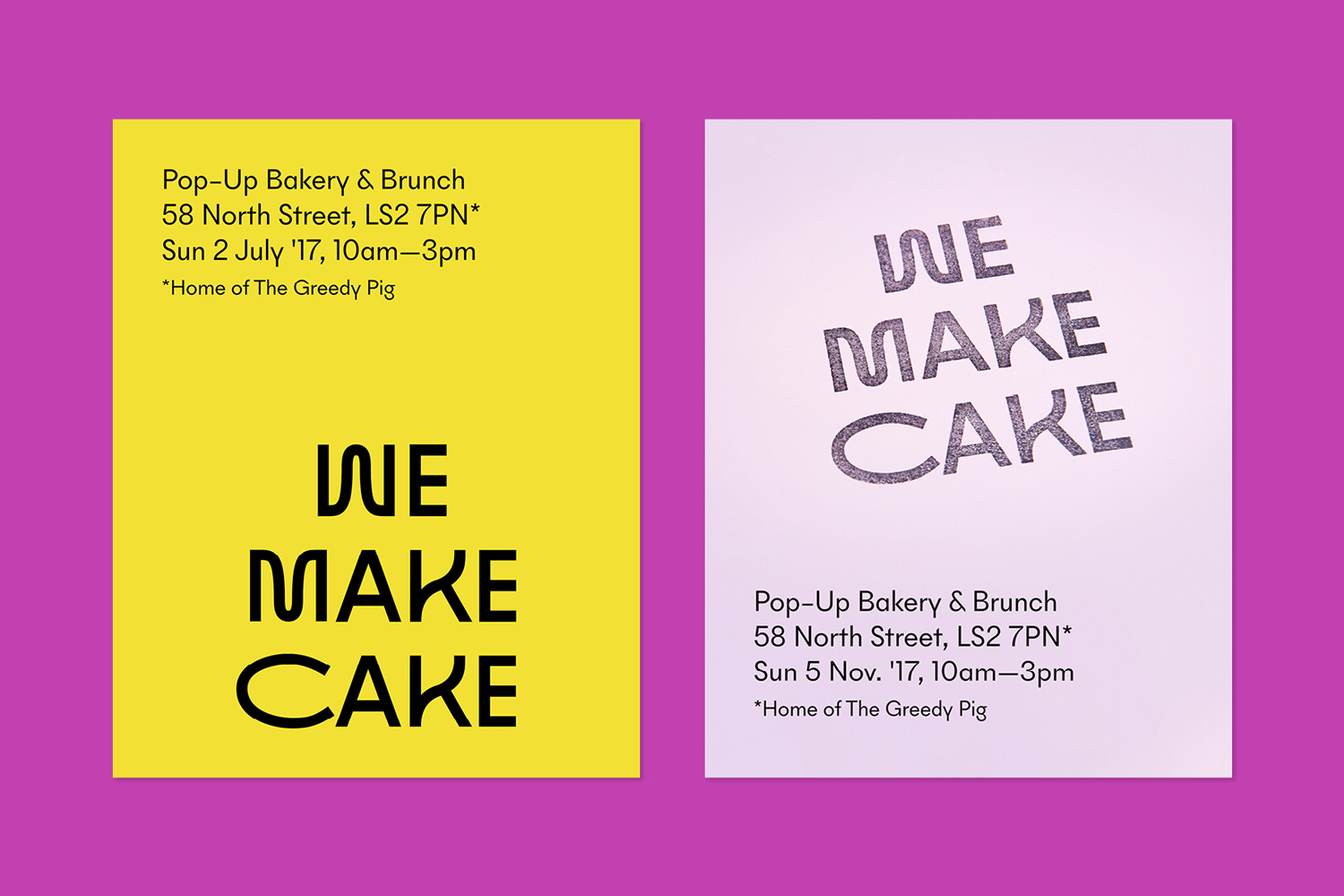Two graphic design posters for We Make Cake brand identity featuring bold typography and event details on yellow and white cards.