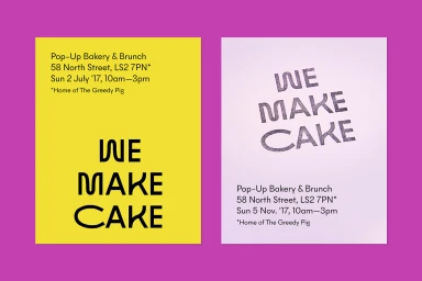 Two graphic design posters for We Make Cake brand identity featuring bold typography and event details on yellow and white cards.