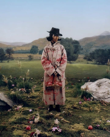 Model wearing printed long coat and black hat holding a wicker basket standing in a green landscape