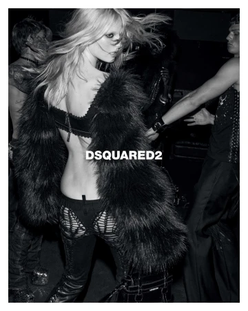 Monochrome fashion campaign image featuring a blonde model in a dark faux fur coat and cut-out trousers with Dsquared2 logo