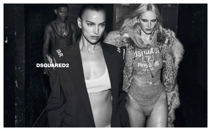 Monochrome fashion advertising campaign image featuring models Irina Shayk and Rylea Beth for Dsquared2 Fall 2025.