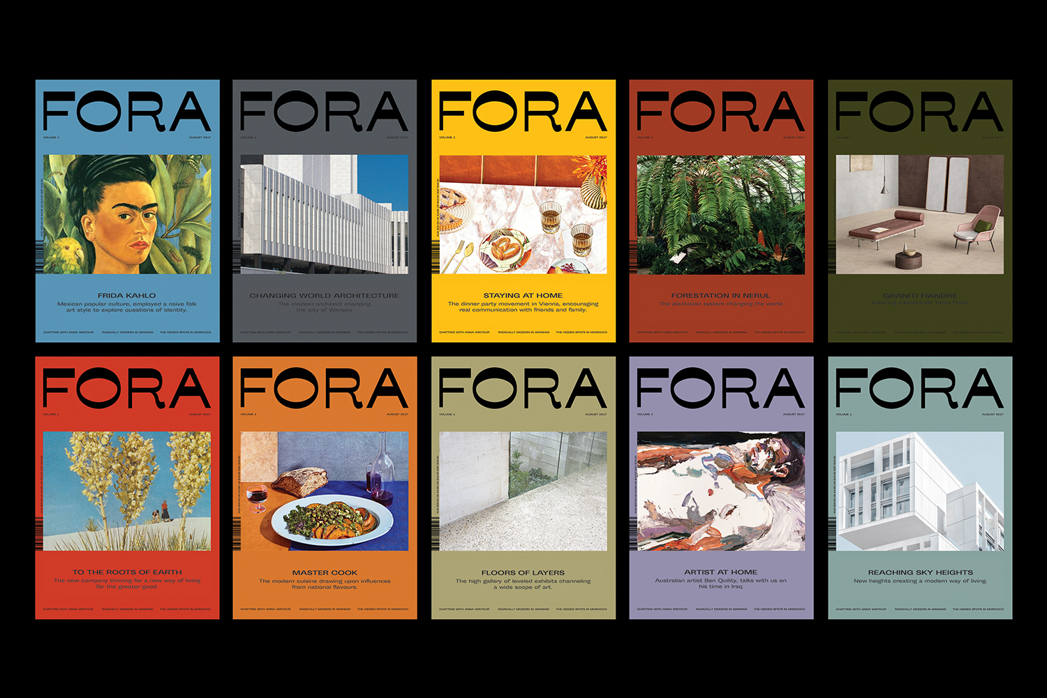 Collection of ten Fora magazine covers featuring varied subjects including art, architecture, food, and interiors.