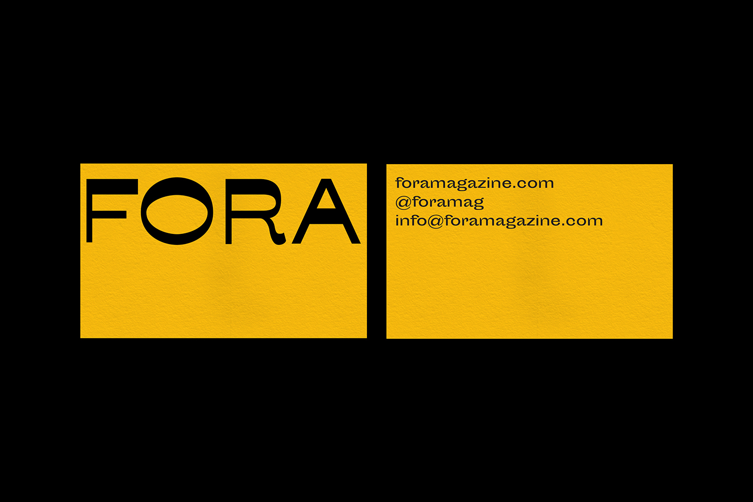 Fora brand identity business card design featuring bold black typography on a yellow rectangle against a black background