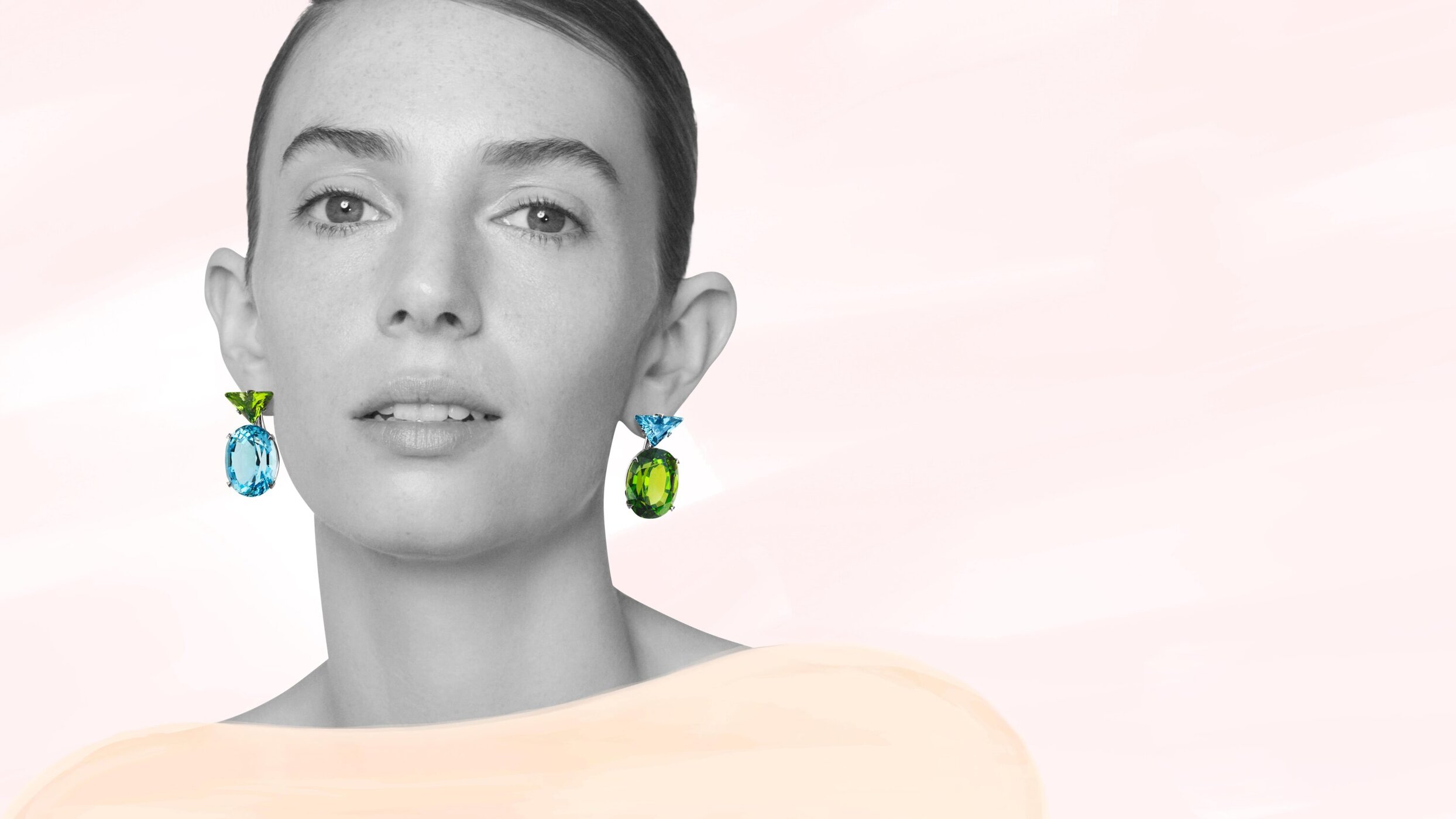 Close-up portrait of Maya Hawke wearing colorful gemstone drop earrings for Prada Couleur Vivante 2025 campaign