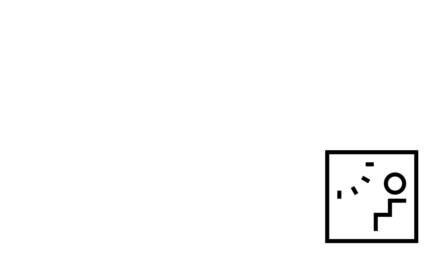 Minimalist black and white graphic icon featuring a square frame with abstract dashed lines and geometric elements