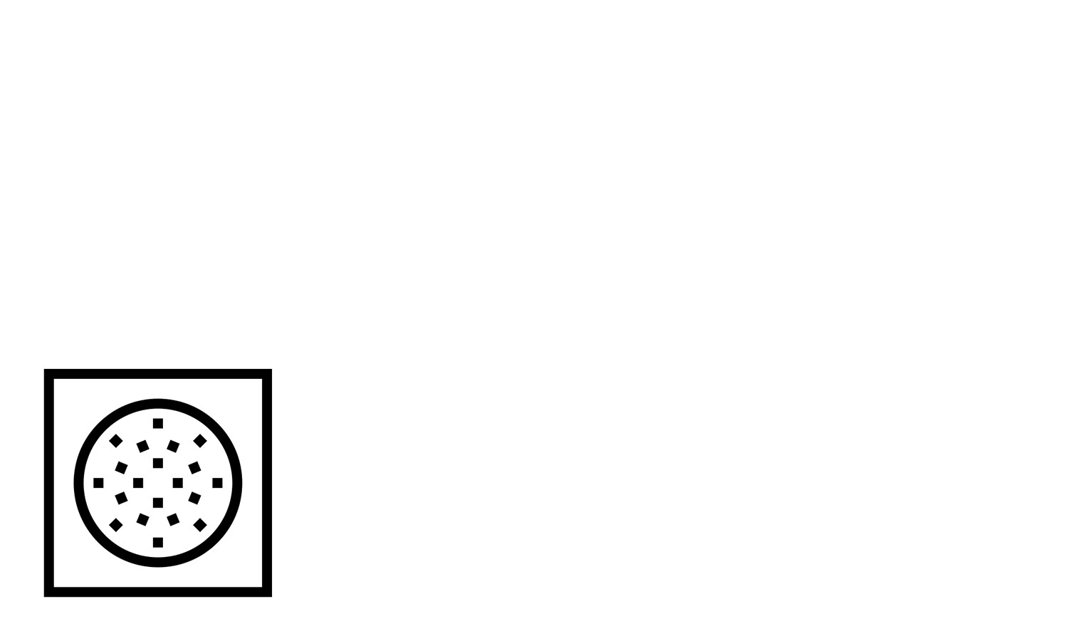 Minimalist black and white graphic icon featuring a square frame with abstract dashed lines and geometric elements