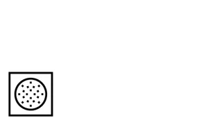 Minimalist black and white graphic icon featuring a square frame with abstract dashed lines and geometric elements